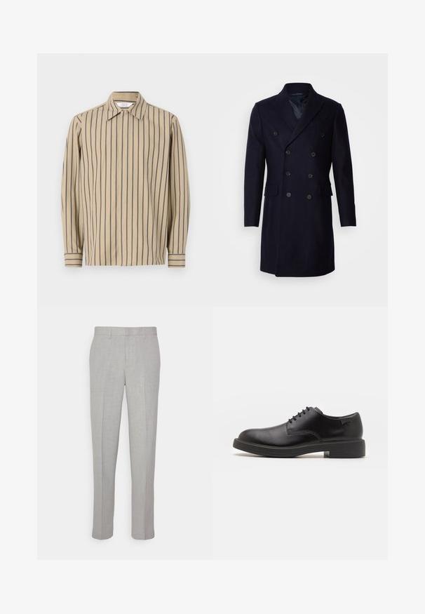 Isaac Dewhirst LONG PEA COAT - Klassisk kåpe / frakk - navy; Beige langermet skjorte med marineblå vertikale striper, spiss krage og knappede mansjetter, laget av et glatt bomullsmateriale.; Lys grå bukser med en glat tekstur, flad front og lige ben. Fremstillet af åndbart stof og med indvendige lommer og bæltesløjfer.; Svart lær snøre sko med rund tå, glatt tekstur, minimal søm, og lav gummihæl. Logo på hælen.