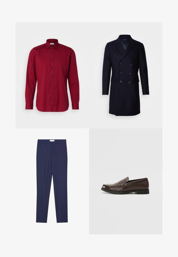 Isaac Dewhirst LONG PEA COAT - Classic coat - navy; OLYMP Level Five Formal shirt - dunkelrot; Navy dress pants made of smooth fabric, featuring a flat front, two side pockets, a zip fly, and clean hem without patterns or accents.; Brown leather loafer with a rounded toe, decorative stitching, and a small, flat heel. Smooth texture with understated design elements.