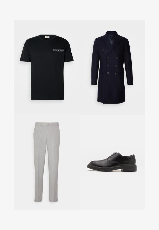 Isaac Dewhirst LONG PEA COAT - Classic coat - navy; Black cotton t-shirt with short sleeves, round neck, and small white graphic text on the left chest area. Simple, regular fit design.; Light gray trousers with a smooth texture, flat front, and straight legs. Made of breathable fabric, featuring internal pockets and belt loops.; Black leather lace-up shoe with a rounded toe, smooth texture, minimal stitching, and a low rubber heel. Logo on the heel.