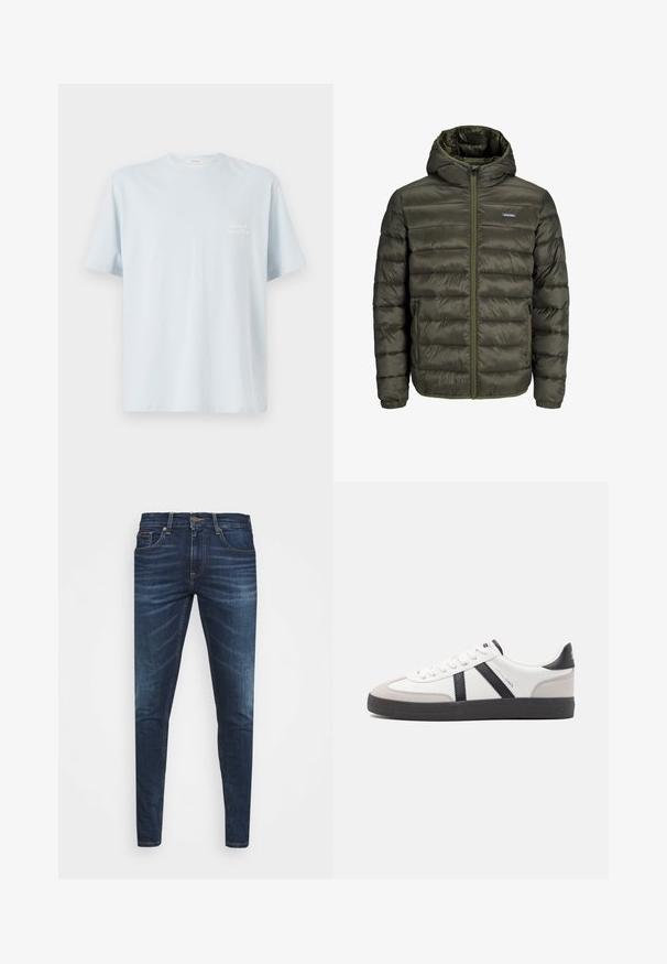 Tume roheline sulejope kapuutsiga, millel on horisontaalne õmblustehnika, esi lukuga ja küljetaskud. Sile, läikiv kangastekstuuri.; Hele sinine puuvillane t-särk, millel on ümar kaelus ja lühikesed varrukad. Vasakul rinna piirkonnas on väike valge logo. Sile tekstuur.; Tumedat sinised teksad kitsas lõikes, kerge kulumisega, viie taskuga ja metallnööbiga sulgemine. Õmmeldud aktsendid kontrastsetes värvides.; Valged tossud mustade ja hallide aktsentidega, tekstureeritud halli varbakattega, musta kummitald ja lamedad valged paelad. Puhtad jooned, minimalistlik stiil.