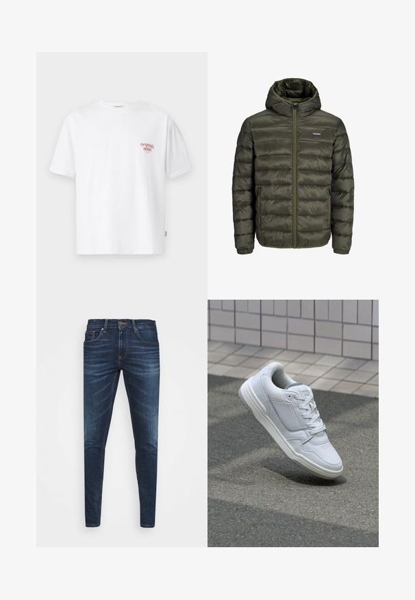 Tamsiai žalia pūkinė striukė su kapišonu, su horizontaliu siuvinėjimu, priekyje užtrauktukas ir šoninės kišenės. Lygi, blizganti audinio tekstūra.; Balta medvilninė marškinė su trumpomis rankovėmis ir apvaliu kaklu, kuriuose kairėje krūtų pusėje yra mažas raudonas grafiškas užrašas.; Tamsiai mėlynos džinsinės kelnės su liesu siluetu, subtiliu nusidėvėjimu, penkiomis kišenėmis ir metaliniu mygtuku užsegimui. Įsiūtos akcentai kontrastinga spalva.; Baltos odinės sportinės bateliai su perforuotais šonais, tekstūruotais akcentais, plokščiomis raištelėmis ir kontrastingu pilku kulnu. Yra šiek tiek pakelti padas.