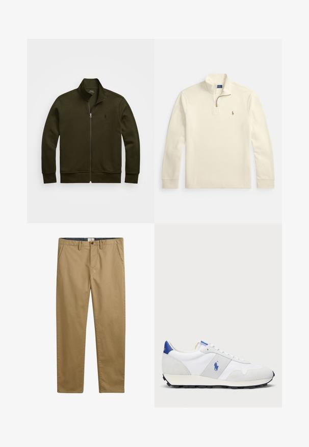 Polo Ralph Lauren DOUBLE-KNIT TRACK JACKET - Training jacket - company olive; Cream-colored long sleeve pullover with quarter-zip and small embroidered polo player logo on the left chest.; Khaki cotton trousers with a straight fit, featuring side pockets, a button closure, and a textured fabric.; White athletic sneaker with grey suede accents, mesh upper, blue heel tab, and black rubber outsole. Features lace-up closure and logo.