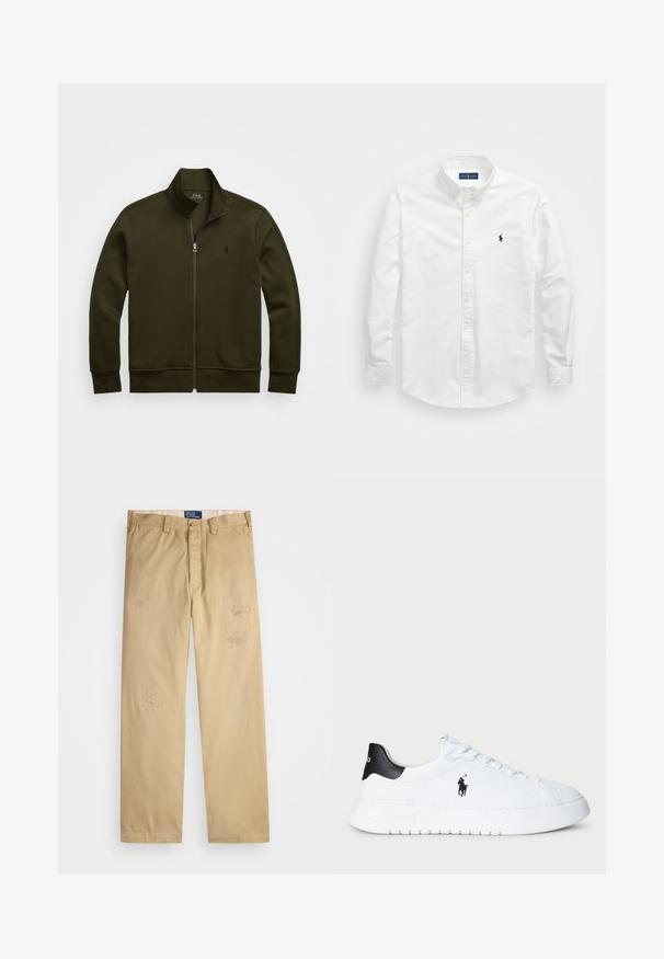 Polo Ralph Lauren DOUBLE-KNIT TRACK JACKET - Träningsjacka - company olive; Vit skjorta med knappar i bomull. Har en spetsig krage, långa ärmar och en liten marinblå logotyp på bröstet. Slät textur.; Beige bomullbyxor med rak passform. Har slitna lappar och broderade detaljer fram. Klassisk knapp- och dragkedjestängning.; Vit lågtopp sneakers med svart hälflik och svart Polo Ralph Lauren-logotyp på sidan, med vita snören och tjock gummisula.