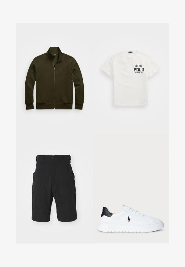 Polo Ralph Lauren DOUBLE-KNIT TRACK JACKET - Trainingsjacke - company olive; Weißes Baumwoll-T-Shirt mit Rundhalsausschnitt, das auf der linken Brust ein schwarzes "Polo Motorsport"-Logo und gekreuzte Zielflaggen zeigt.; Schwarze Cargo-Shorts aus leichtem Stoff mit mehreren Taschen, einem Knopfverschluss und einer lockeren Passform mit knielanger Länge.; Weiße Low-Top-Sneaker mit schwarzem Fersenbügel und schwarzem Polo Ralph Lauren-Logo an der Seite, ausgestattet mit weißen Schnürsenkeln und einer dicken Gummisohle.
