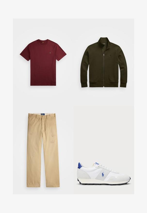 Polo Ralph Lauren DOUBLE-KNIT TRACK JACKET - Sportinė striukė - company olive; Bordo medvilnės marškinėliai trumpomis rankovėmis, apvalios iškirptės, su mažu žaliu logotipu siuvinėtu kairėje krūtinės pusėje. Lygi tekstūra.; Braški medvilniniai kelnės su tiesiu kirpimu. Priekyje yra dėvėti priežiūros elementai ir siuvinėjimo detalės. Klasikinis mygtuko ir užtrauktuko uždarymas.; Baltos sportinės snukerius su pilkais zomšos akcentais, tinklelio viršumi, mėlynu kulno užtrauktuku ir juodu guminėmis padais. Įrengtas raištelių uždarymu ir logotipu.