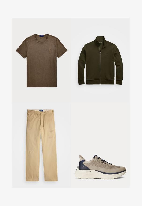 Polo Ralph Lauren DOUBLE-KNIT TRACK JACKET - Tréning dzseki - company olive; Polo Ralph Lauren CUSTOM SLIM FIT SOFT COTTON T-SHIRT - Basic póló - cedar heather; Beige színű pamut nadrág egyenes szabással. Elöl koptatott foltokkal és hímzett részletekkel rendelkezik. Klasszikus gombos és cipzáros záródás.; Beige színű sportcipő texturált hálós felsőrésszel, tengerészkék kiegészítőkkel, vastag fehér talppal és bonyolult dizájn részletekkel. Felszerelve fűzőkkel és logóval ellátott márkázással.