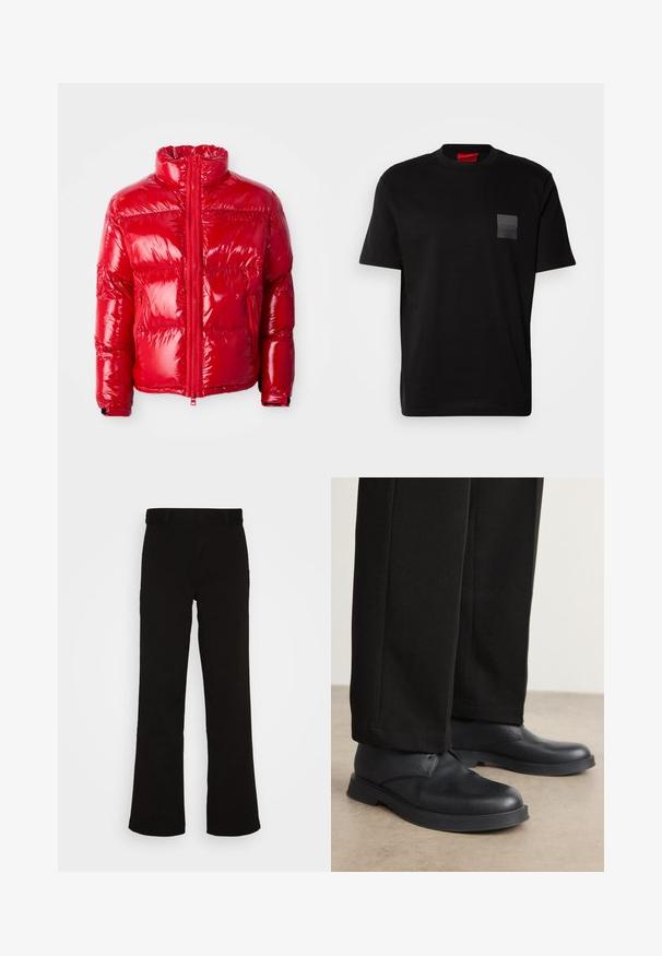 Punainen puffatakki, joka on valmistettu kiiltävästä, quiltsatusta materiaalista. Siinä on korkea kaulus, etuvetoketju ja vetoketjulliset taskut. Kevyt ja suoralinjainen muotoilu.; Mustan puuvillan T-paita, jossa on pyöreä kaula-aukko. Vasemmassa rinnassa on teksturoitu musta päällyste, jossa on logo. Lyhyet hihat ja rento istuvuus.; Mustat layristuhkansit ovat puuvillaa, joissa on sileä rakenne. Ominaisuuksina litteä etuosa ja normaali vyötärö ilman näkyvää varustusta.; Mustat nahkakengät, joissa on pyöreä kärki, litteä pohja ja minimaalinen koristelu. Yhdistettyihin korkealaatuisesti tehtyihin mustiin housuihin, jotka näyttävät sileiltä.