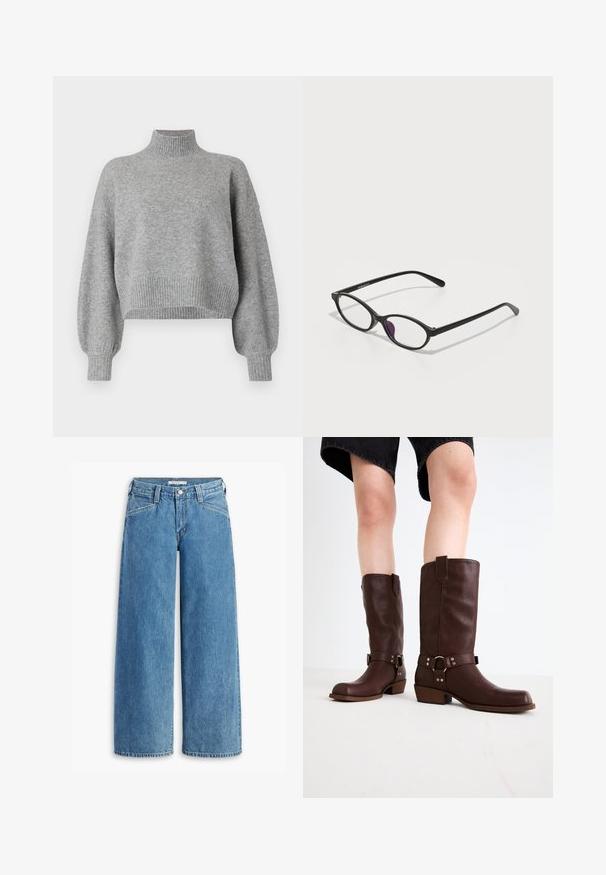 Beige Fleecepullover mit einem Kragenhals, fünf Vorderknöpfen und braunen Paspelierungen. Verfügt über zwei große Seitentaschen.; Grauer, geschnittene Pullover mit hohem Kragen, gerippten Bündchen und Saum sowie überschnittenen Schultern. Weicher Stoff mit minimalen Nähten.; Hellblau weite Jeans aus Denim, mit hoher Taille, fünf Taschen und einem klassischen Knopfverschluss. Gerader Schnitt vom Oberschenkel bis zum Saum.; Braune kniehohe Stiefel aus Leder mit runder Zehenform, strukturiertem Obermaterial, Knöchelriemen und silbernen Hardware-Details; mit gestapeltem Absatz.; Schwarze Kunststoffbrille mit ovaler Form, ausgestattet mit klaren Gläsern und einem lila Akzent auf dem linken Glas. Elegantes, minimalistisches Design.; Schwarze Leder-Hobo-Tasche mit einer weichen, geschwungenen Form. Sie verfügt über einen breiten Oberhandgriff und Falten an der Basis für eine lässige Textur.