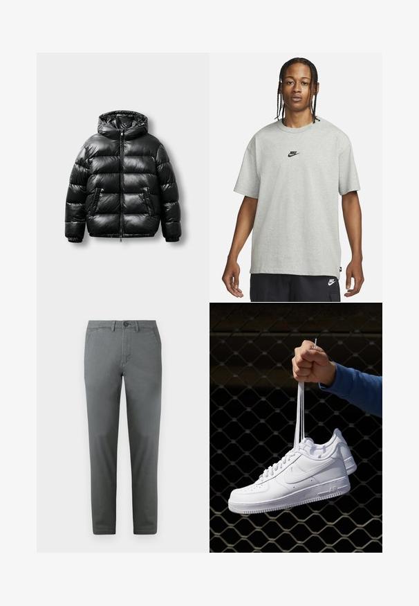 Black puffer jacket with a shiny exterior, hood, zip closure, and two side pockets. Features quilted pattern and elastic cuffs.; Young person with braided hair wearing a light gray Nike T-shirt and black Nike shorts against a plain white background.; Gray cotton chinos with a slim fit, featuring a front button closure, two side pockets, and a smooth texture. Elegant design.; White leather sneakers with perforations, round toe, flat sole, and thick laces, featuring a visible swoosh logo and "AIR" on the heel.