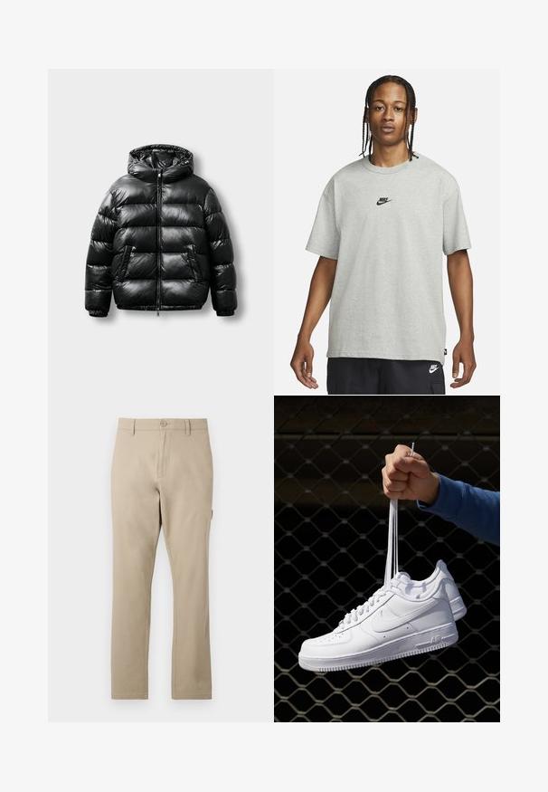 Schwarze Puffjacke mit glänzender Oberfläche, Kapuze, Reißverschluss und zwei Seitentaschen. Sie hat ein gestepptes Muster und elastische Bündchen.; Junge Person mit geflochtenem Haar, die ein hellgraues Nike-T-Shirt und schwarze Nike-Shorts trägt, vor einem einfarbigen weißen Hintergrund.; Beige Baumwollhose mit geradem Bein, ausgestattet mit einem vorderen Knopfverschluss und subtilen Nähdetails. Glatte Textur, keine Muster.; Weiße Leder-Sneaker mit Perforationen, runder Zehenpartie, flacher Sohle und dicken Schnürsenkeln, mit sichtbar eingesticktem Swoosh-Logo und "AIR" an der Ferse.