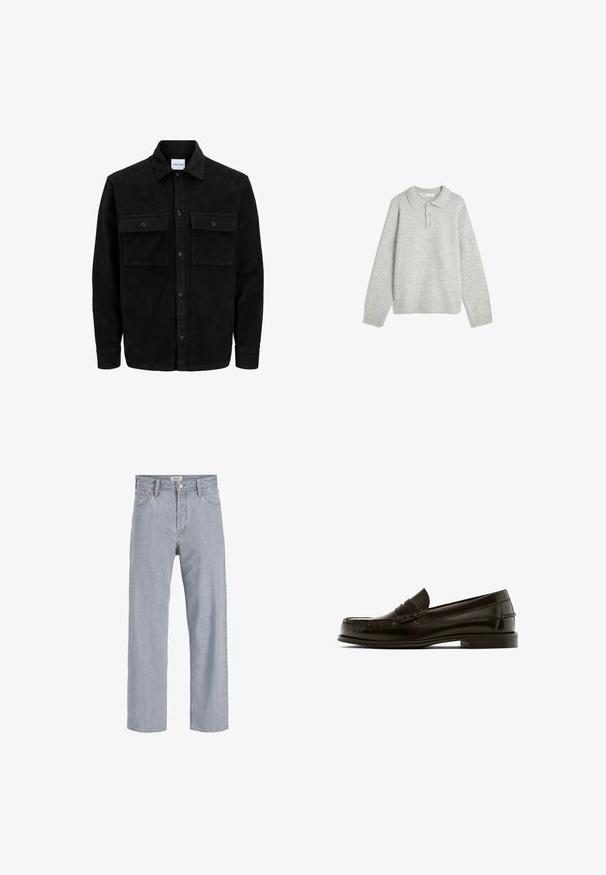 Czarna kurtka z korduru z guzikami, z dwoma przednimi kieszeniami na klapki oraz klasycznym kołnierzem, długimi rękawami i ryżowym splotem.; Szary dzianinowy sweter z kołnierzykiem, trzema przyciskami z przodu oraz ribbed dołem. Tkanina wydaje się być miękka i teksturowana, z luźnym krojem.; Jasnoniebieskie dżinsy o luźnym kroju, prostych nogawkach, widocznym szwie, dwóch przednich kieszeniach i zapięciu na guzik.; Brązowe skórzane loafersy z zaokrąglonym noskiem, dekoracyjnym przeszyciem i niskim obcasem. Gładka tekstura z minimalną ilością sprzętu i klasyczny design.