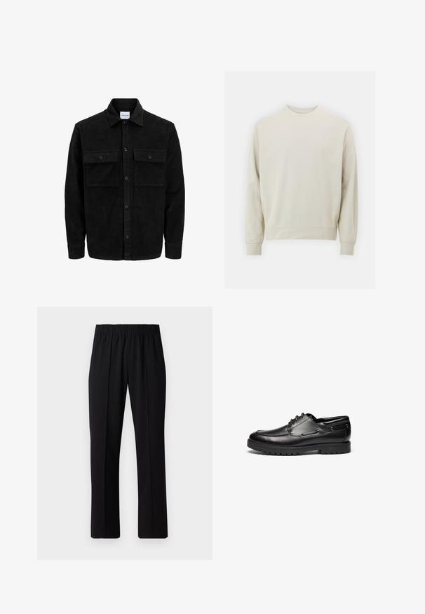 Veste en velours côtelé noire à boutons, avec deux poches à rabat à l'avant et un col classique, des manches longues et une texture côtelée.; Sweatshirt beige clair en tissu doux avec un col rond, des manches longues et des poignets et un ourlet côtelés. Design minimaliste, sans motifs visibles.; Pantalons noirs à taille élastique avec une coupe droite, présentant une texture lisse et sans motifs ni éléments visibles.; Chaussures en cuir noir à lacets avec un bout rond, des coutures décoratives et une semelle en caoutchouc durable avec des profondeurs pour une meilleure adhérence.