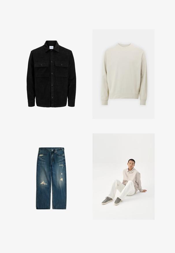 Crni kožni kord jakna na dugmad s dva prednja džepa s preklopom i klasičnim ovratnikom, dugim rukavima i rebrastom teksturom.; Svijetlosmeđa majica s dugim rukavima izrađena od mekanog materijala, s okruglim izrezom i rebrastim manžetama i rubom. Minimalistički dizajn, bez vidljivih uzoraka.; Plave traperice s ležernim krojem, s ispucalim mrljama, blagim blijedanjem i kopčanjem na gumbu u struku.; Bež košulja na dugih rukava, bijele hlače i sive tenisice. Košulja ima slobodan kroj, a tenisice imaju teksturiranu površinu i vezice.