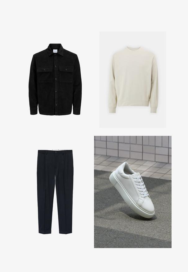 Zwarte corduroy knopenjack met twee voorste klepzakken en een klassieke kraag, lange mouwen en ribbelstructuur.; Lichtbeige sweatshirt van zachte stof met een ronde hals, lange mouwen en geribbelde boorden en zoom. Minimalistisch ontwerp, geen zichtbare patronen.; Marineblauwe broek van stof met een gladde textuur, voorzien van dubbele plooien aan de voorkant, een knoopsluiting en omslagen bij de hems.; Witte leren sneaker met een glad oppervlak, ronde neus en platte witte veters. Voorzien van een gestructureerde rubberen zool en minimale ontwerpelementen.