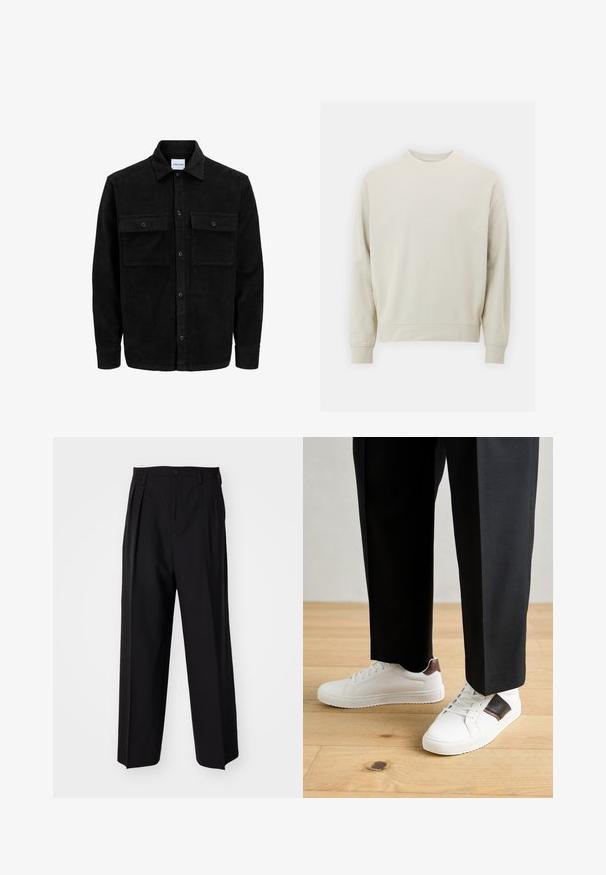 Black corduroy button-up jacket with two front flap pockets and a classic collar, long sleeves, and ribbed texture.; Light beige sweatshirt made of soft fabric with a crew neck, long sleeves, and ribbed cuffs and hem. Minimalist design, no visible patterns.; Black pleated trousers with a straight, wide-leg design. Made from smooth fabric, featuring a button closure and belt loops.; White sneakers with smooth texture, featuring brown leather accents and black detailing, paired with black tailored pants. Wooden floor background.