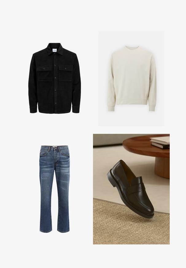 Černá kordurová košile s knoflíky, dvěma předními klopovými kapsami a klasickým límcem, dlouhými rukávy a vroubkovanou texturou.; Světle béžová mikina vyrobená z jemné látky s kulatým výstřihem, dlouhými rukávy a pružnými manžetami a spodním lemem. Minimalistický design, bez viditelných vzorů.; Džínové kalhoty v tmavě modré barvě s mírným vyblednutím. Mají pět kapes, zapínání na knoflík a prošití podél okrajů.; Černé kožené mokasíny s hladkým povrchem, kulatou špičkou a dekorativním páskem přes nárt. Nízký gumový podpatek, umístěný na texturovaném povrchu.