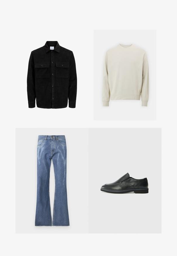Svart kordflodjacka med knappar, två framfickor med klaff och klassisk krage, långa ärmar och ribbad textur.; Ljust beige sweatshirt i mjukt tyg med rundad halsringning, långa ärmar och ribbade muddarna och nederkant. Minimalistisk design, inga synliga mönster.; Ljust blå denim flare jeans med midjehöjd, femficksdesign och synliga sömnadsdetaljer. Slät textur med lätt blekning.; Svart lädersko i slip-on-modell med en slät ovandel, sömnadsdetaljer, rund tå och låg gummihäl. Sulan har minimal mönstring.