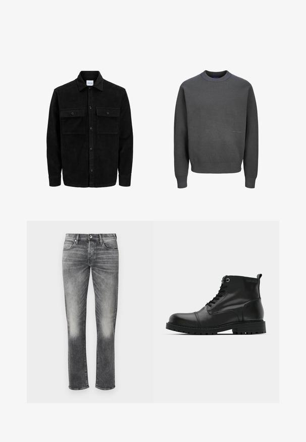 Mustat corduroy-nappi takki, jossa on kaksi etupistotaskua ja klassinen kaulus, pitkät hihat ja ribattu pinta.; Tumma harmaa neulepusero, joka on valmistettu teksturoidusta neuleesta. Puserossa on ribattua kaula-aukkoa ja hihansuja sekä hienovarainen logo etuosassa.; Harmaat farkut, joissa on suora lahje, hienovarainen haalistuminen, viisi taskua ja nappikiinnitys. Kankaan pinta on teksturoitu ja ompelu on minimaalista.; Musta nahkasaappaat nilkkamittaisella, pyöreällä kärjellä, nauhakiinnityksellä, kontrastoivilla harmailla silmukoilla ja karkealla kumipohjalla. Sujuva pinta, jossa on vain vähän korostuksia.