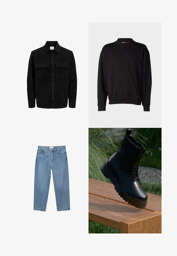 Crni kožni kord jakna na dugmad s dva prednja džepa s preklopom i klasičnim ovratnikom, dugim rukavima i rebrastom teksturom.; Crna dukserica s visokim rebrastim ovratnikom, dugim rukavima i opuštenim krojem. Mekana tekstura sa rebrastim manžetama i donjim rubom.; Svijetloplave traperice ravnog kroja, s pet džepova i vidljivom oznakom branda na pojasu.; Crne kožne gležnjače s teksturiranom površinom, vezanjem sprijeda i debelim, nazubljenim potplatom. Prikazane na drvenoj površini s pozadinom od trave.