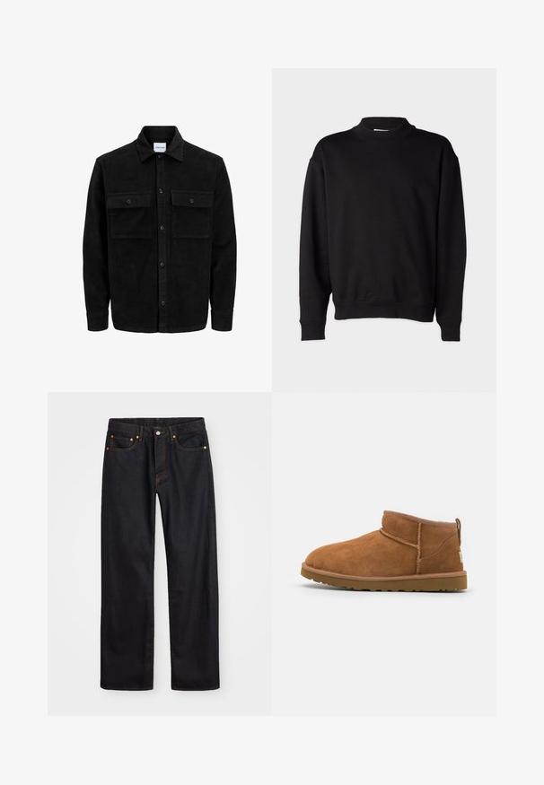 Mustat corduroy-nappi takki, jossa on kaksi etupistotaskua ja klassinen kaulus, pitkät hihat ja ribattu pinta.; Musta huppari, jossa on korkea, ribattu kaula-aukko, pitkät hihat ja rento istuvuus. Pehmeä rakenne ribatulla hihansuulla ja helmalla.; Miestne čierne rovné džínsy so štyrmi vreckami a oranžovým šitím, zapínanie na gombík a zips na prednom pásku.; Vaaleanruskeat mokkasaappaat nilkkapituiset, joissa on pyöristetty kärki, hienovaraiset ommeltydet ja teksturoitu kumipohja. Lyhyt malli ilman nauhoja.