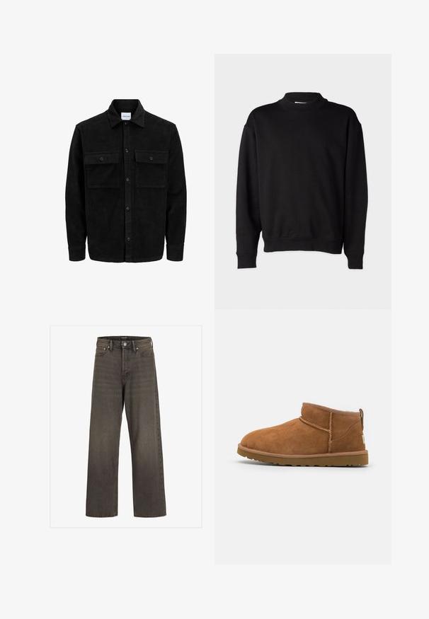 Crni kožni kord jakna na dugmad s dva prednja džepa s preklopom i klasičnim ovratnikom, dugim rukavima i rebrastom teksturom.; Crna dukserica s visokim rebrastim ovratnikom, dugim rukavima i opuštenim krojem. Mekana tekstura sa rebrastim manžetama i donjim rubom.; Široke traperice u tamnosivom denimu, s visokim strukom, klasičnim dizajnom s pet džepova i kontrastnim šavovima duž šavova.; Tamnasti antilop čizme do gležnja s zaobljenim vrhom, suptilnim detaljima šivanja i teksturiranom gumom potplatom. Niska visina bez pertli.
