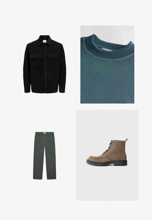 Črna kordurojska jakna z gumbi, z dvema sprednjima žepoma z zavihkom in klasičnim ovratnikom, dolgimi rokavi ter rebrasto teksturo.; Turkizna majica s dugim rukavima s rebrastim izrezom i teksturiranom tkaninom. Ima ravne šavne i oznaku unutar ovratnika.; Temno zeleni bombažni hlače z ravnim krojem, sprednjimi žepi in gumbom za zapiranje v pasu. Gladka tekstura, brez vzorcev.; Svetlo rjave semiš škornje z črnim gumijastim podplatom, okroglo oblikovanim prstom, vezanjem spredaj in kontrastnimi šivi. Ima zanko na peti za lažje obuvanje.