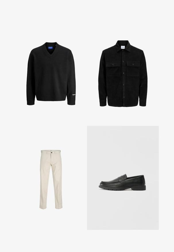 Black corduroy button-up jacket with two front flap pockets and a classic collar, long sleeves, and ribbed texture.; Black V-neck long-sleeve sweater with ribbed cuffs and hem, small white embroidery on the right sleeve cuff, and blue inner label.; Beige cotton trousers with a straight fit, button fly, front pockets, and stitched seams. Smooth texture, minimal detailing, and no patterns.; Black leather loafers with a smooth finish, moccasin-style upper, stitched detailing, and a rubber sole. Classic design with a low heel.