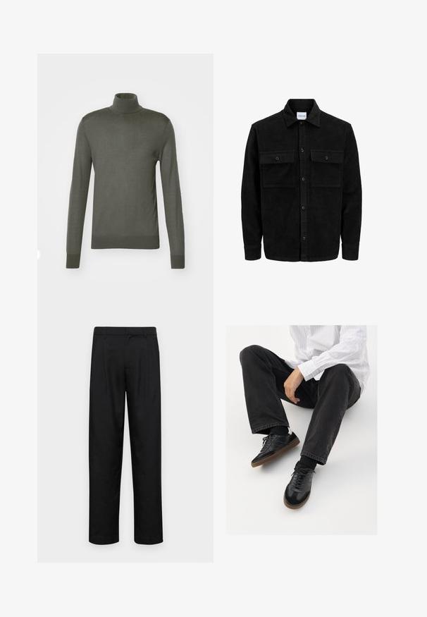 Juodas velveto mygtukų švarkas su dviem priekiniais kišenėmis su atvartais, klasikiniu apykakle, ilgomis rankovėmis ir raukšlėtu paviršiumi.; Tiger of Sweden NEVILE - Džemperis - pavement; Juodi kelnių modeliai, pagaminti iš lygios medžiagos, turi tiesią kojas, du priekiniai klostės ir standartinę juosmenį su diržo kilpomis.; Juodi sportbačiai su lygiu ir tekstūruotu paviršiumi, turi guminį padas ir tamsias raištelius. Suderinti su juodomis džinsais ir balta juostuota marškinėliais.