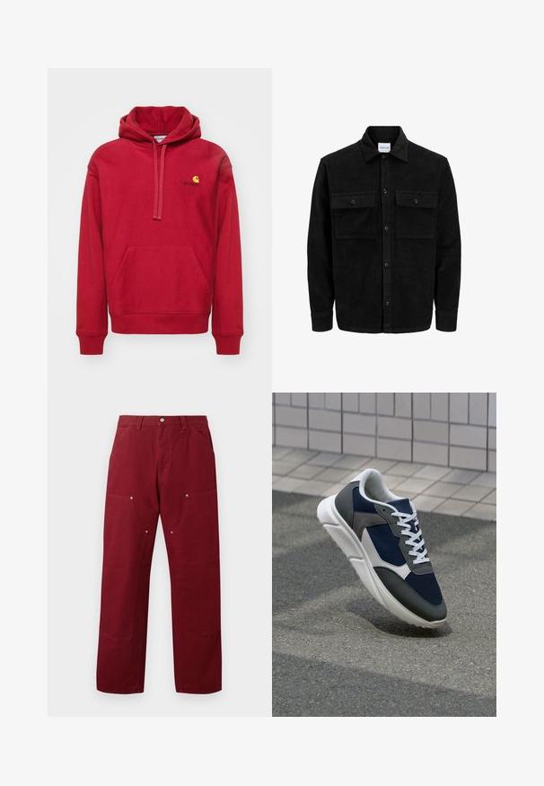 Čierna kordúrová bunda s gombíkmi, dvoma prednými vreckami so záklopkou a klasickým golierom, dlhými rukávmi a ryhovanou textúrou.; Carhartt WIP HOODED AMERICAN SCRIPT - Mikina s kapucňou - tuscany; Burgundské bavlnené nohavice so rovný strihom, ktoré majú dve predné vrecká, strieborné kovanie a akcenty na kolenách. Hladká textúra, stredná hmotnosť.; Tenisky s sieťovinou v námorníckej modrej farbe, so sivými semišovými detailmi, bielou gumovou podrážkou a plochými bielymi šnúrkami, navrhnuté pre pohodlie a priedušnosť.