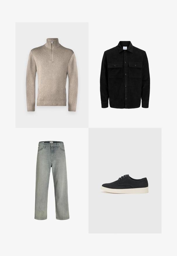 Mustat corduroy-nappi takki, jossa on kaksi etupistotaskua ja klassinen kaulus, pitkät hihat ja ribattu pinta.; Jack & Jones PREMIUM JPRBLAMILANO HALF ZIP - Neule - greige; Vaaleanharmaat, löysät farkut, jotka on valmistettu denimistä. Ominaisuuksiin kuuluu klassinen viiden taskun muotoilu, vyölenkit ja suora lahjetyyli.; Musta mokkaboot, jossa on pyöristetty kärki, kevyt vaaleancreme-väri pohja ja hienovaraiset siniset ompeleet päällisessä.