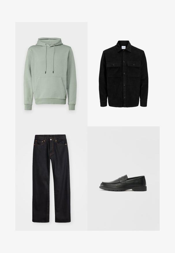 Sort fløjl button-up jakke med to frontlommer og klassisk krave, lange ærmer og ribbet tekstur.; Jack & Jones JJEBRADLEY - Sweatshirt - iceberg green; Mænds lige ben sorte denim jeans med fem lommer og orange syninger, knap- og lynlåslukning foran på taljen.; Sorte læderslippers med en glat finish, mokkasin-stil overdel, syninger og gummisål. Klassisk design med en lav hæl.
