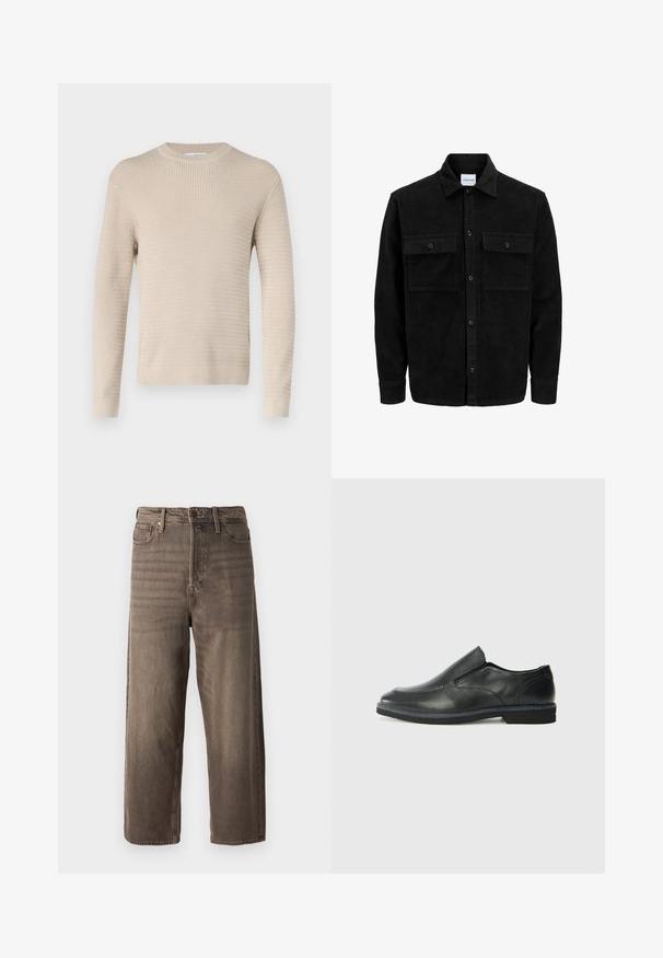 Črna kordurojska jakna z gumbi, z dvema sprednjima žepoma z zavihkom in klasičnim ovratnikom, dolgimi rokavi ter rebrasto teksturo.; Selected Homme SLHTHEO STRUCTURE CREW NECK - Pulover - oatmeal; Rjavi široki traper hlače. Imajo zadrgo, zanke za pas in pet žepov. Tkanina ima zbledel in teksturiran videz.; Črne usnjene natikače z gladkim zgornjim delom, prišitimi detajli, zaobljenim nosom in nizkim gumijastim petkom. Podplat ima minimalen profil.