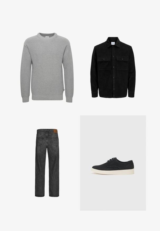 Black corduroy button-up jacket with two front flap pockets and a classic collar, long sleeves, and ribbed texture.; Gray knitted sweater with a crew neckline, long sleeves, ribbed cuffs, and hem. The fabric texture is chunky and textured. Small label on the side.; Black denim jeans with a straight leg design, five-pocket style, and a brown leather patch at the waistband. Textured fabric with stitching details.; Black suede lace-up shoe with a rounded toe, lightweight cream sole, and subtle blue stitching accents on the upper.