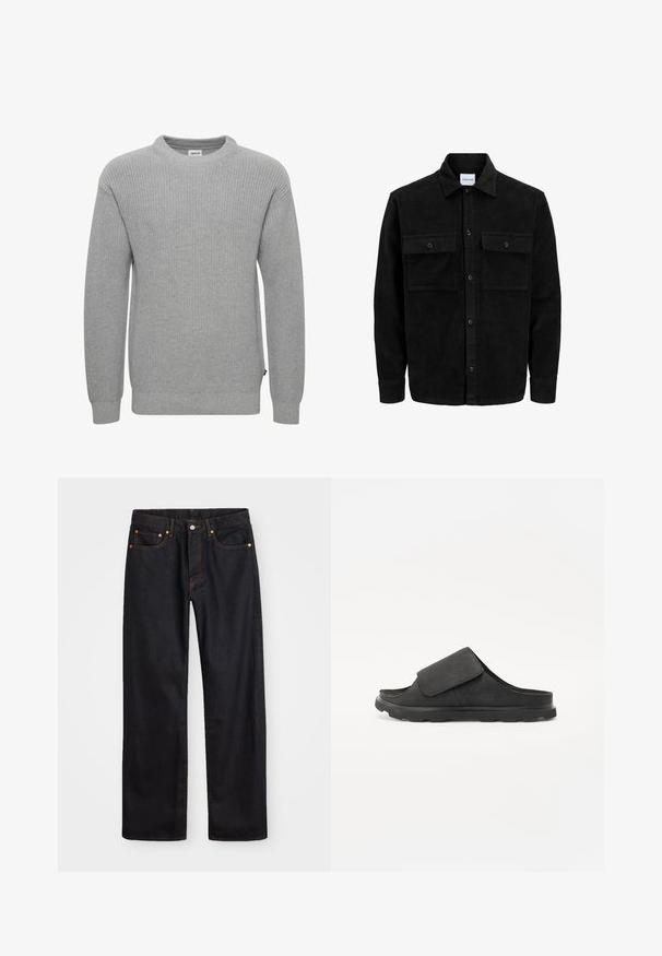 Svart kordfløyels knappjakke med to frontlommer med klaff og klassisk krage, lange ermer og ribbet tekstur.; Grå strikkegenser med rund hals, lange ermer, ribbede mansjetter og nederkant. Stofftexturen er grov og teksturert. Liten merkelapp på siden.; Men's straight-leg svarte denim jeans med fem lommer og oransje søm, knapp og glidelås lukking foran på midjen.; Sorte slidesandal med et blødt suede-overdel, justerbar rem, polstret fodseng og tekstureret gummisål for godt greb.