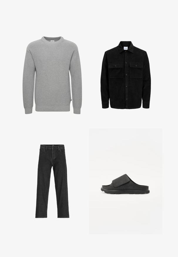 Black corduroy button-up jacket with two front flap pockets and a classic collar, long sleeves, and ribbed texture.; Gray knitted sweater with a crew neckline, long sleeves, ribbed cuffs, and hem. The fabric texture is chunky and textured. Small label on the side.; Black denim jeans with a straight leg design, featuring a zip fly, belt loops, and six pockets, made from a sturdy cotton blend fabric.; Black slide sandal with a soft suede upper, adjustable strap, cushioned footbed, and textured rubber sole for grip.