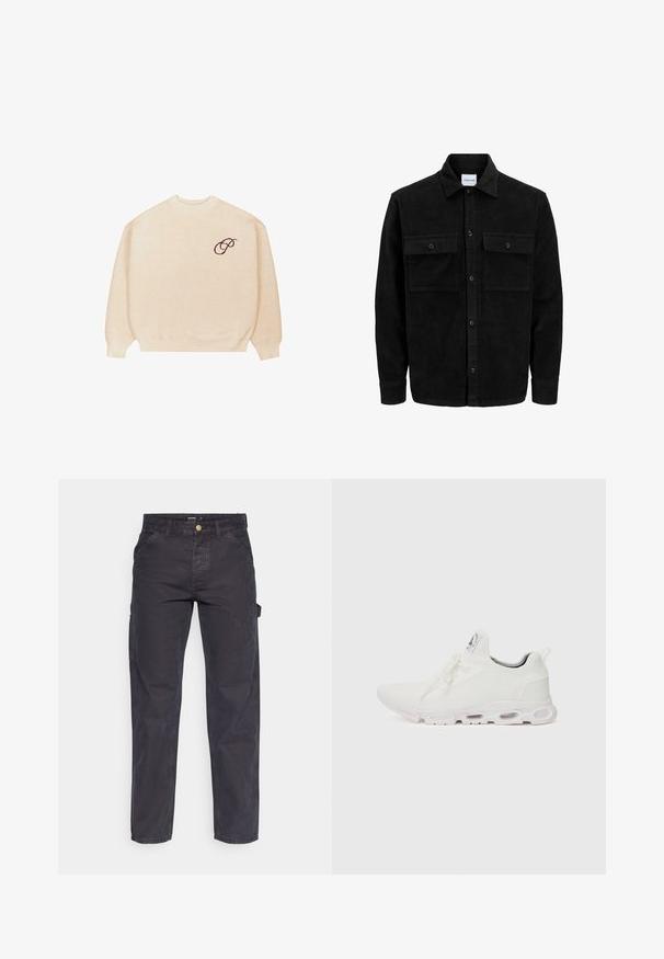 Mustat corduroy-nappi takki, jossa on kaksi etupistotaskua ja klassinen kaulus, pitkät hihat ja ribattu pinta.; Beige neulepaita pitkillä hihoilla ja resorikujilla, jossa on pieni tumeasti brodeerattu "P" vasemmassa rinnassa.; Tummanharmaat cargo-housut, jotka on valmistettu kestävästä kankaasta. Niissä on suora lahkeellinen leikkaus, viisi taskua ja nappikiinnitys vyötäröllä.; Valkoiset urheilukengät, joissa on teksturoitu neulepinta, litteät nauhat ja pehmustettu pohja, jossa on näkyvät ilmakammiot lisätuen tarjoamiseksi.