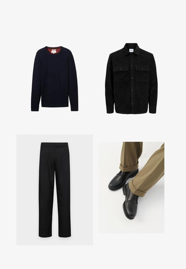 Chaqueta de pana negra con botones, dos bolsillos delanteros con solapa y un cuello clásico, mangas largas y textura acanalada.; Suéter de canalé azul marino con mangas largas y cuello redondo. El interior del cuello presenta un ribete rojo en contraste. Etiqueta visible.; Pantalones negros de tela suave, con un diseño de pierna recta, dos pliegues frontales y una cintura estándar con trabillas para el cinturón.; Zapatos de dress de cuero negro con un acabado suave, con cordones y punta redondeada, combinados con pantalones caqui arremangados.