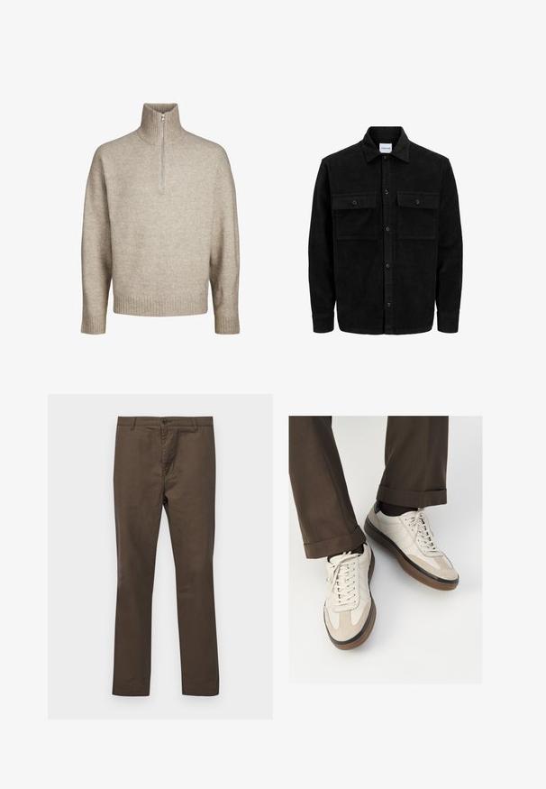 Crni kožni kord jakna na dugmad s dva prednja džepa s preklopom i klasičnim ovratnikom, dugim rukavima i rebrastom teksturom.; Jack & Jones JOROLLIE HALF ZIP - Vesta - atmosphere; Marron pamuk hlače s ravnim nogavicama, s kopčanjem na gumb i petljama za remen, glatke teksture bez uzoraka ili naglasaka.; Bež tenisice s teksturiranom nubuk prednjom stranom, glatkim kožnim bočnim stranama i smešnim gumenim potplatom. Uključene su vezice i lagani detalji šivanja.