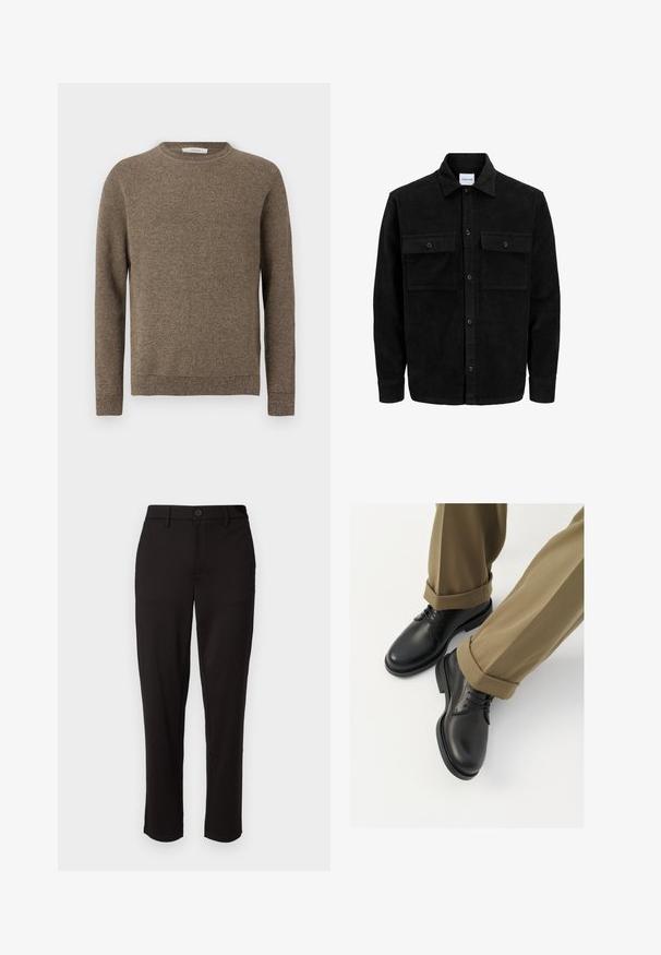 Črna kordurojska jakna z gumbi, z dvema sprednjima žepoma z zavihkom in klasičnim ovratnikom, dolgimi rokavi ter rebrasto teksturo.; Rjava teksturirana pletena majica z dolgimi rokavi, okroglo izrezana, z rebrastimi manšetami in robom.; Črne hlače iz lahkega materiala, s pravimi hlačnicami, sprednjim gumbom za zapiranje, zankami za pas in stranskimi žepi.; Črne usnjene oblečne čevlje z gladko površino, z vezalkami in okroglo toe, v kombinaciji s spuščenimi kaki hlačami.