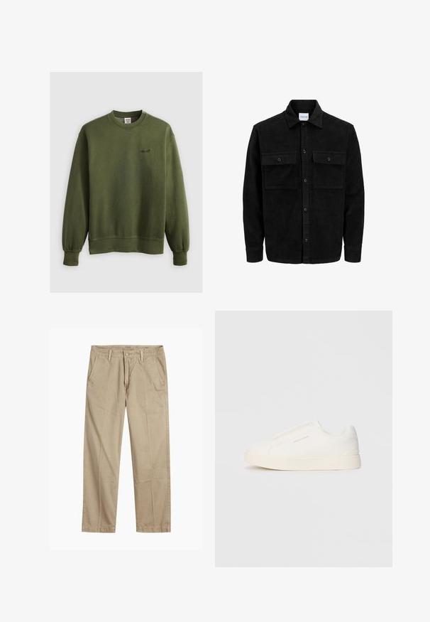 Mustmustöös nupuga jope, millel on kaks eesmist klapiga taskut ja klassikaline kaelus, pikad varrukad ning ribakujuline tekstuur.; Roheline ümmarguse kaelusega särk, mis on valmistatud pehmest kangast, ribadega manšettidega ja rinnal väikese brodeeritud logoga. Klassikaline lõige ilma mustriteta.; Beeži sirged säärte chinos-püksid, millel on vööloopide, esipainutatud nupud ja tõmblukk ning kaldega esikotid.; Valged libisemiskindlad tossud tekstuuriga pinnaga, paksu tallaga ja minimalistikus disainis. Küljel on brändi logo.