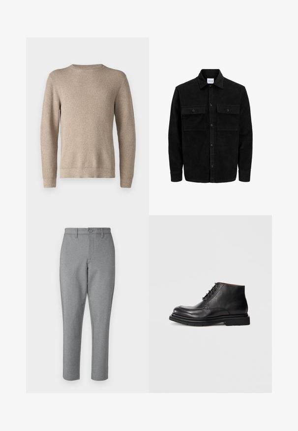 Melnas kordūru pogu jaka ar divām priekšējām atloka kabatām un klasisku apkakli, garām piedurknēm un ribotu tekstūru.; Bēšas krāsas džemperis ar apaļu kaklu, izgatavots no teksturēta diega, ar garām piedurknēm un taisnu apakšmalu. Audums izskatās mīksts un silts.; Pelēki piegādāti bikses ar vieglu tekstūru, taisna griezuma un priekšējo pogu aizdari. Iespējoti jostas cilpiņas un sānu kabatas.; Melnas ādas potītes zābaki ar auklām, noapaļota pirksta forma un bieza gumijas zole uz vienkārša baltā fona.