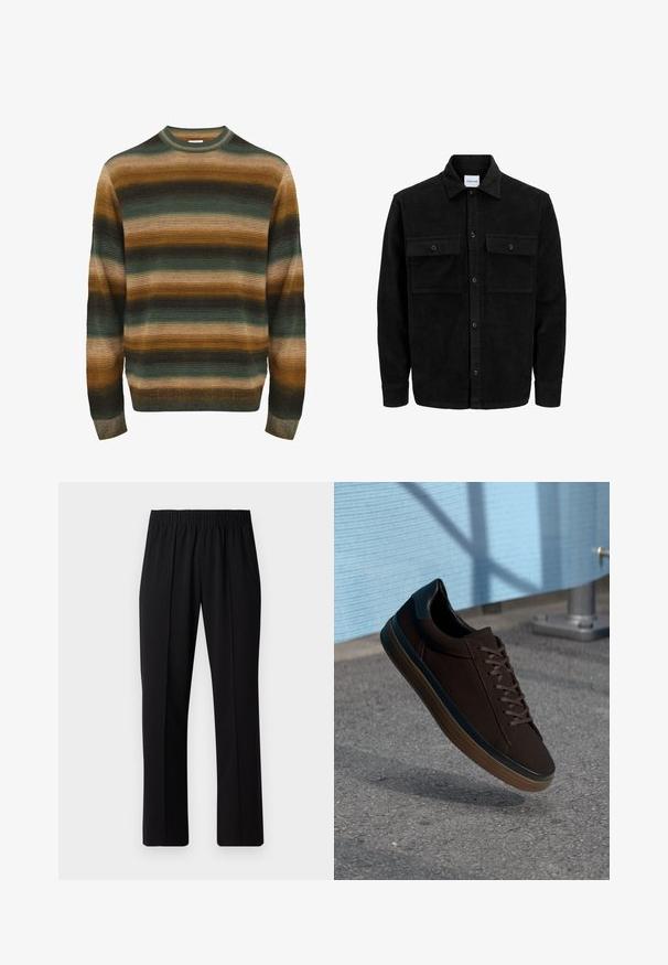 Černá kordurová košile s knoflíky, dvěma předními klopovými kapsami a klasickým límcem, dlouhými rukávy a vroubkovanou texturou.; Pruhovaný svetr v odstínech zelené, hnědé a béžové. Má žebrovanou texturu, kulatý výstřih a dlouhé rukávy s přiléhavým lemem.; Černé kalhoty s elastickým pasem a rovnými nohavicemi, s hladkým povrchem a bez viditelných vzorů nebo kovových doplňků.; Hnědé tenisky s hladkým zamykovým svrškem, kulatou špičkou a černými koženými akcenty. Mají hnědé šněrování, gumovou podrážku a jemné perforované detaily.