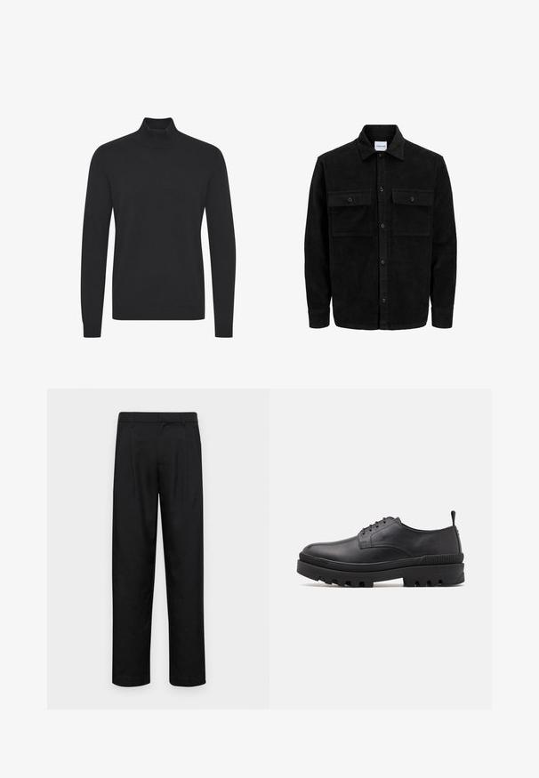 Black corduroy button-up jacket with two front flap pockets and a classic collar, long sleeves, and ribbed texture.; Black turtleneck sweater made of smooth fabric, featuring long sleeves and ribbed cuffs and hem. Simple, unadorned design.; Black trousers made of smooth fabric, featuring a straight-leg design, two front pleats, and standard waistband with belt loops.; Black leather shoe with a rounded toe, lace-up design, and chunky rubber sole. Features a pull tab at the heel and textured accents.