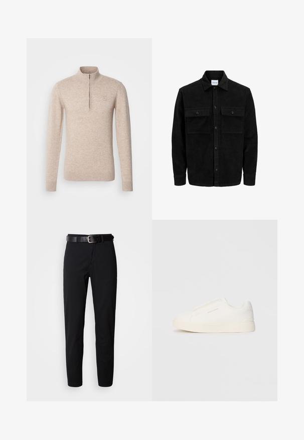 Veste en velours côtelé noire à boutons, avec deux poches à rabat à l'avant et un col classique, des manches longues et une texture côtelée.; INDICODE JEANS Pullover - beige mix; Pantalon noir à coupe droite, avec une texture lisse et une ceinture en cuir noir avec une boucle en métal argenté. Design simple, sans motifs ni accents.; Baskets blanches sans lacets avec une surface texturée, une semelle épaisse et un design minimaliste. Présente le logo de la marque sur le côté.