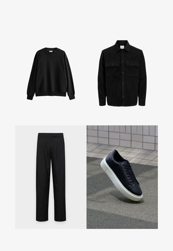 Sort fløjl button-up jakke med to frontlommer og klassisk krave, lange ærmer og ribbet tekstur.; Sort sweatshirt lavet af bomuldsblanding, har en rund hals, sænkede skuldre, ribbede ærmer og en afslappet, boxy pasform.; Sorte bukser lavet af glat stof, med et lige ben-design, to frontfolder og en standard talje med bæltestropper.; Sort lædersneaker med rund tå og hvid gummisål. Har flade snørebånd og minimal syning på overdelen. Tekstureret sål for bedre greb.