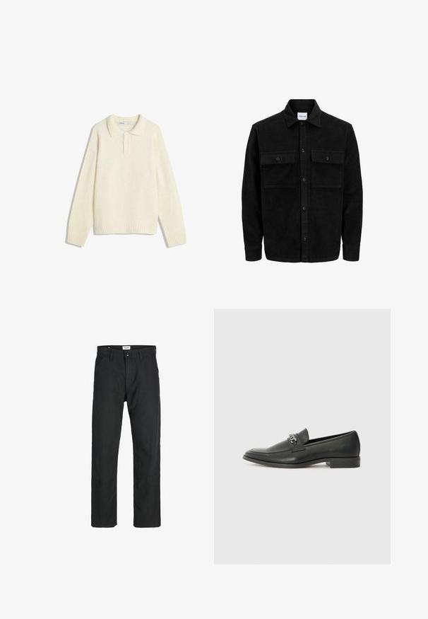 Schwarze Corduroy-Button-Up-Jacke mit zwei frontalem Klappentaschen und klassischem Kragen, langen Ärmeln und gerippter Textur.; Cremfarbener Pullover mit Kragen, Vier-Knopf-Verschluss, weiten gerippten Bündchen und Saum. Sanfte Textur, lockere Passform und minimalistisches Design.; Schwarze Hosen aus strapazierfähigem Stoff, mit geradem Bein, genähten Akzenten und zwei vorderen Taschen für Funktionalität.; Schwarzer Lederloafer mit glatter Oberfläche, ausgestattet mit einer gesteppten Gestaltung und einem dekorativen Metallkettendetail über dem Vorderblatt. Flacher Absatz.