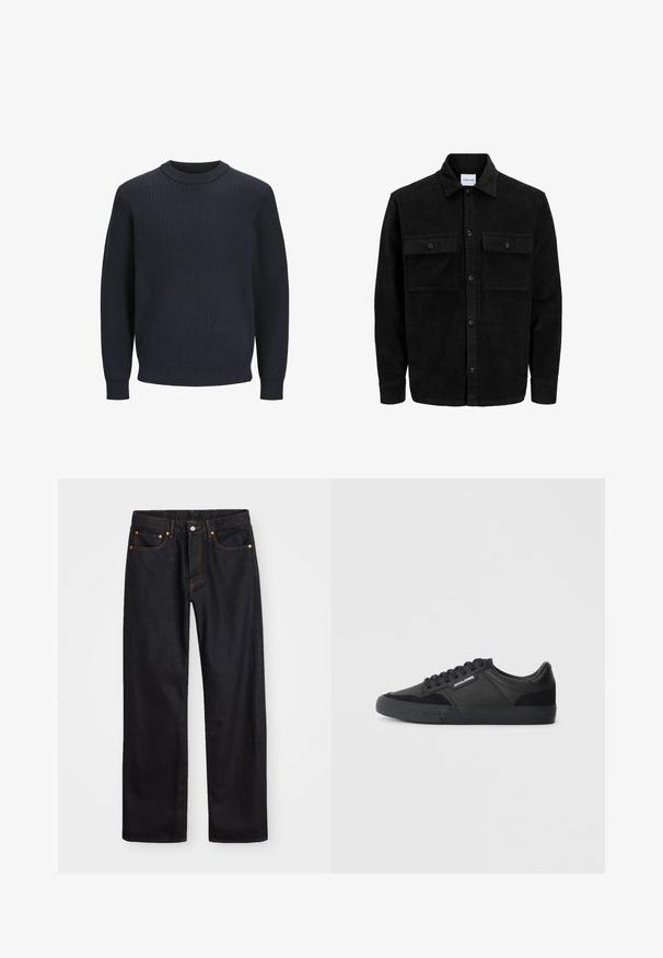 Jachetă din catifea neagră, cu butoni, două buzunare frontale cu clapetă și un guler clasic, mâneci lungi și textură ribbed.; Pulover tricotat cu nervuri de culoare bleumarin, cu guler rotund și mâneci lungi; prezintă un material texturat și o margine ajustată la talie.; Jeans negri din denim pentru bărbați, cu croială dreaptă, cinci buzunare și cusături portocalii, închidere cu nasture și fermoar pe talie.; Adidași negri dintr-un amestec de piele și daim, cu șireturi rotunde, talpă din cauciuc texturat și un logo al brandului pe lateral.