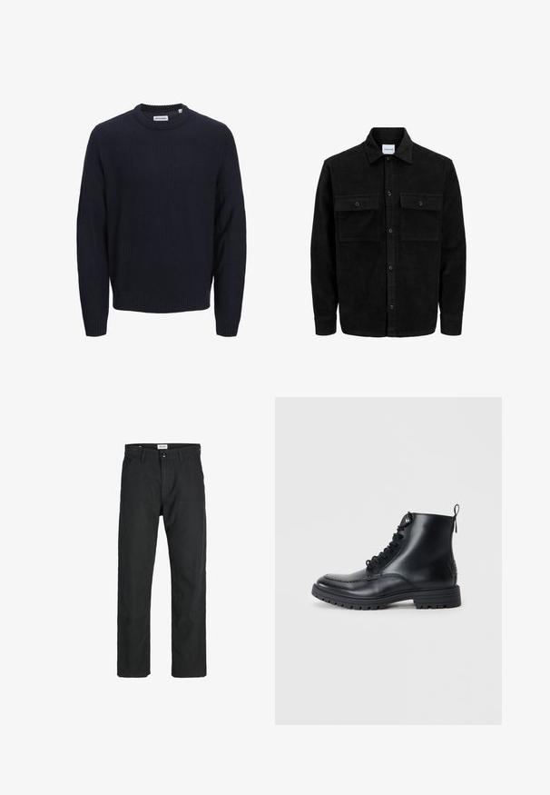 Zwarte corduroy knopenjack met twee voorste klepzakken en een klassieke kraag, lange mouwen en ribbelstructuur.; Navyblauwe gebreide trui met een geribbelde textuur, ronde hals en lange mouwen. Heeft een geweven merketiket bij de hals.; Zwarte broeken gemaakt van duurzame stof, met een recht gesneden ontwerp, gestikte accenten en twee voorzakken voor functionaliteit.; Zwarte leren enkelboots met een ronde neus, veters aan de voorkant en gestikte details. Voorzien van een lus aan de achterkant en een gestructureerde rubberen zool.