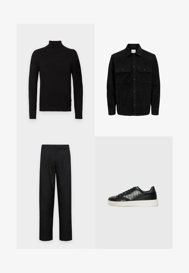 Schwarze Corduroy-Button-Up-Jacke mit zwei frontalem Klappentaschen und klassischem Kragen, langen Ärmeln und gerippter Textur.; Schwarzer Langarm-Turtleneck-Pullover mit geripptem Kragen, Bündchen und Saum, vor einem weißen Hintergrund präsentiert.; Schwarze Hose aus glattem Stoff, mit geradem Bein Design, zwei vorderen Falten und einem Standardbund mit Gürtelschlaufen.; Schwarze Sneakers mit einer strukturierten, krokodilPrägung aus Leder, runder Zehenpartie und einer kontrastierenden weißen Gummisohle mit glatter Oberfläche.