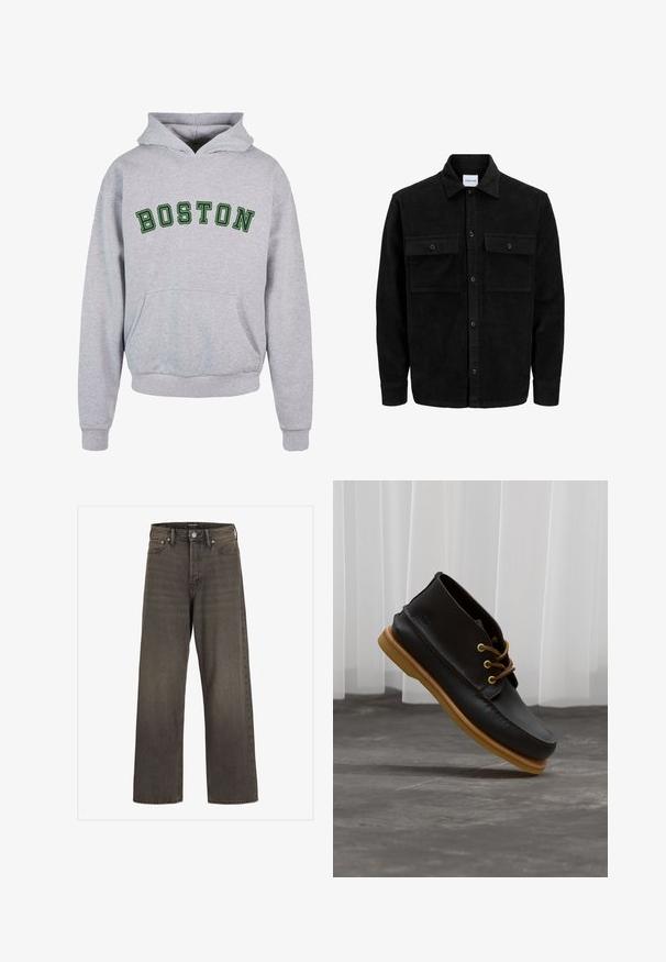 Zwarte corduroy knopenjack met twee voorste klepzakken en een klassieke kraag, lange mouwen en ribbelstructuur.; Grijze hoodie met een voorzak, met "BOSTON" in donkergroene gebogen letters over de borst. Klassiek ontwerp met een capuchon met trekkoord.; Wijde jeans in donkergrijze denim met een hoge taille, een klassieke vijf-pocketontwerp en contrasterende stiksels langs de naden.; Zwarte leren schoenen met een gladde afwerking, ronde neus, bruine veters en lichtbruine rubberen zolen. Logo gegraveerd aan de zijkant.